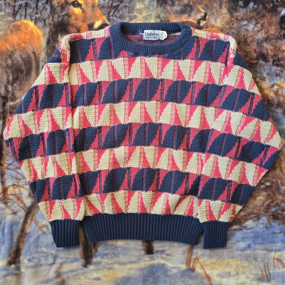 Vintage Italian Umberto Geometric Colorblock Striped Heavy Knit Sweater sz M/L